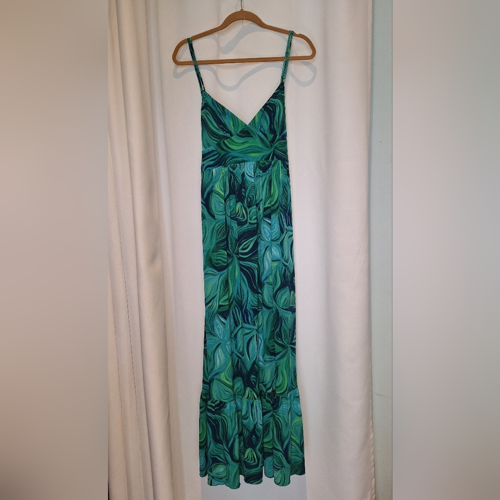 Green Leaf Print Empire Waist Babydoll Top Maxi Dress